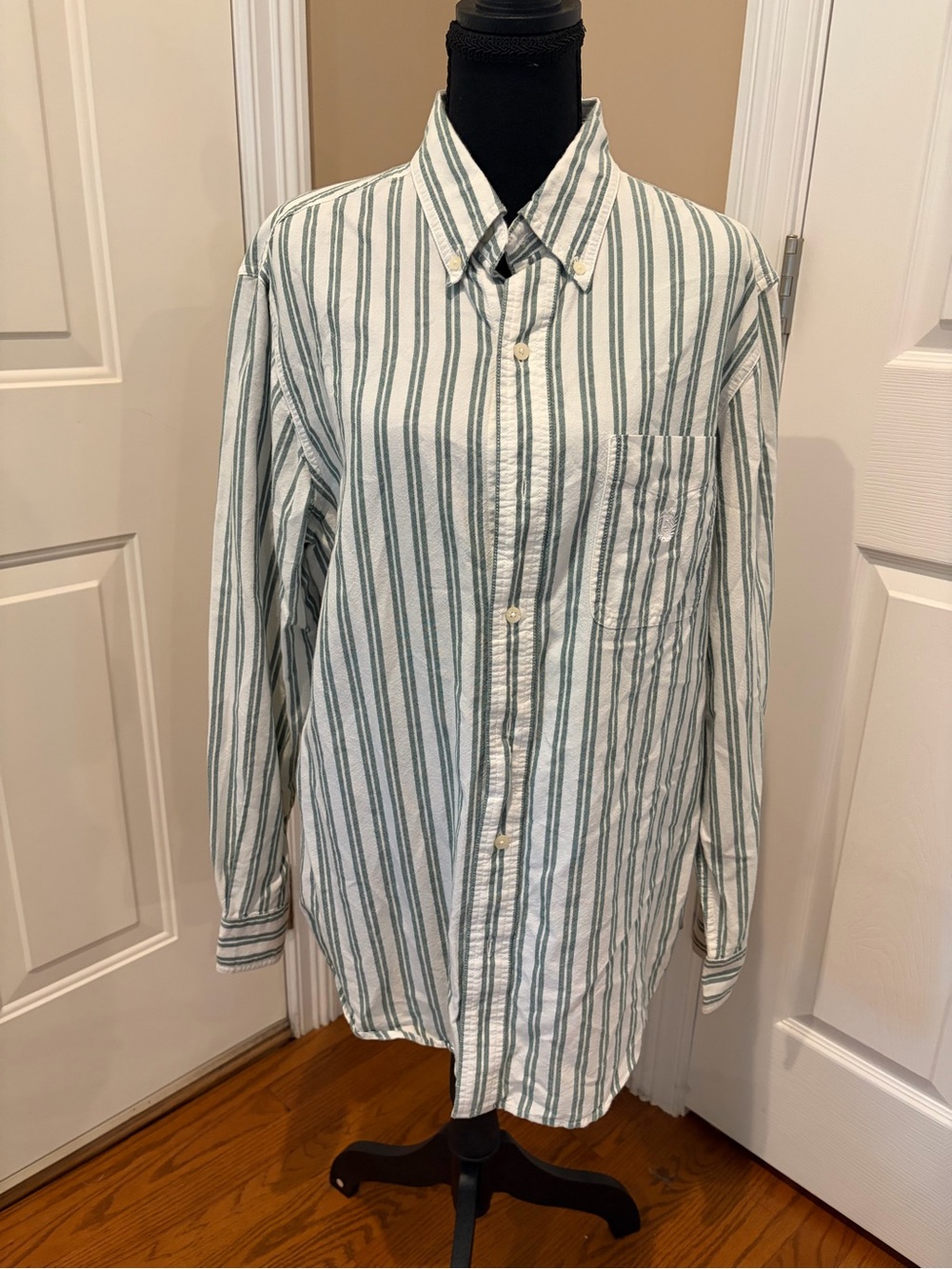 Chaps Men's White Shirt with Green Vertical Stripes